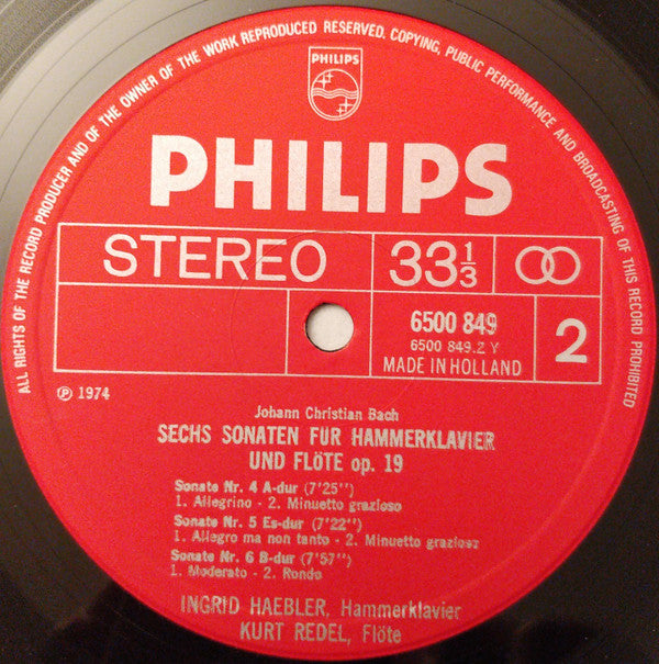 Johann Christian Bach / Ingrid Haebler with Kurt Redel : Sechs Sonaten Für Clavier Und Flöte, Op.19 (LP)
