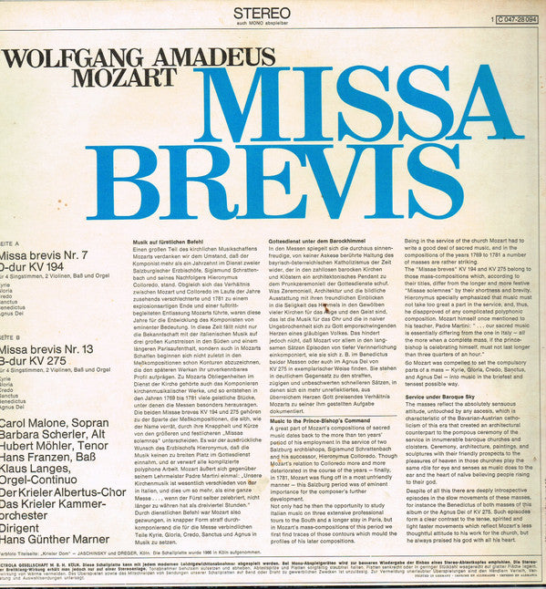Wolfgang Amadeus Mozart : Missa Brevis (LP)