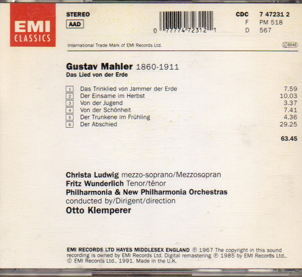 Gustav Mahler, Otto Klemperer, Christa Ludwig • Fritz Wunderlich, Philharmonia Orchestra, New Philharmonia Orchestra : Das Lied Von Der Erde (CD, Album, RM)