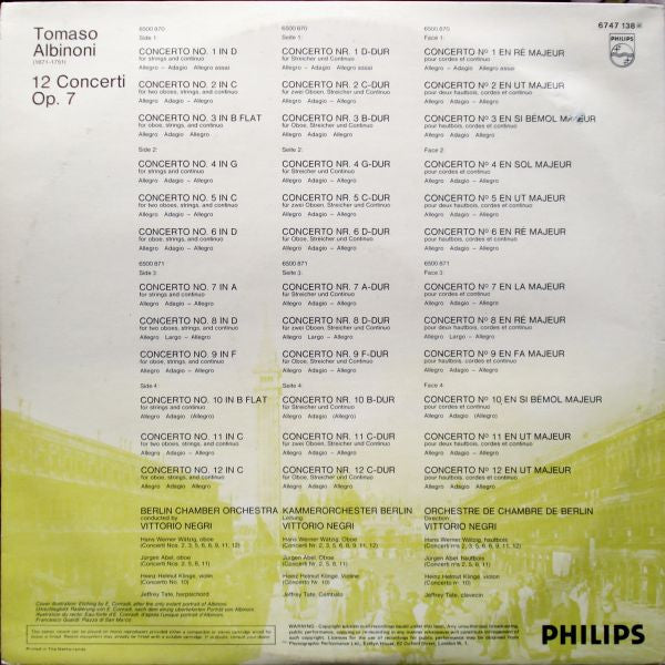 Tomaso Albinoni - Kammerorchester Berlin, Vittorio Negri, Hans-Werner Wätzig, Jürgen Abel, Heinz Helmut Klinge, Jeffrey Tate : 12 Concerti, Op. 7 (2xLP, Gat)