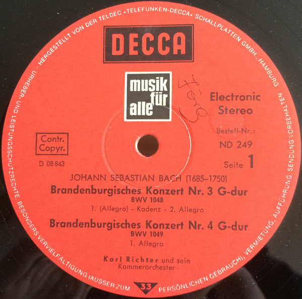 Johann Sebastian Bach, Karl Richter Und Sein Kammerorchester : Brandenburgische Konzerte 3⋅4⋅6 (LP, Comp)