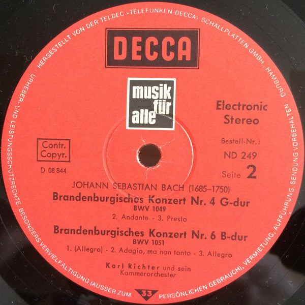 Johann Sebastian Bach, Karl Richter Und Sein Kammerorchester : Brandenburgische Konzerte 3⋅4⋅6 (LP, Comp)