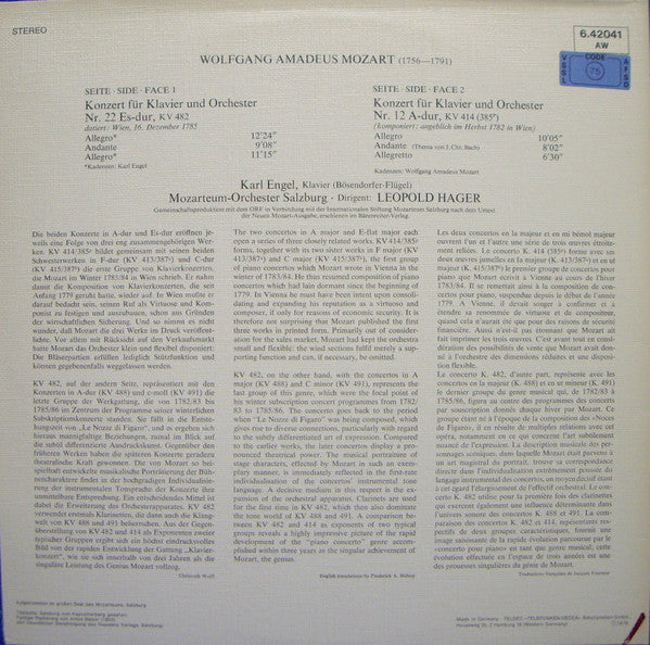 Wolfgang Amadeus Mozart, Karl Engel, Das Mozarteum Orchester Salzburg, Leopold Hager : Klavierkonzerte = Piano Concertos = Concerto Pour Piano Nr. 12, KV 414 • Nr. 22, KV 482 (LP, Gat)