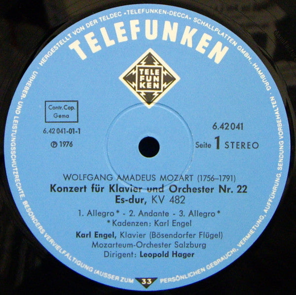 Wolfgang Amadeus Mozart, Karl Engel, Das Mozarteum Orchester Salzburg, Leopold Hager : Klavierkonzerte = Piano Concertos = Concerto Pour Piano Nr. 12, KV 414 • Nr. 22, KV 482 (LP, Gat)
