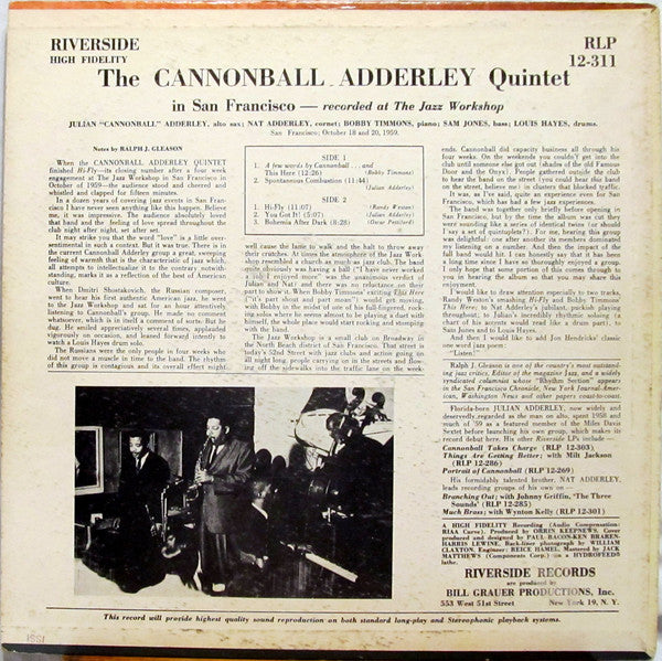 The Cannonball Adderley Quintet Featuring Nat Adderley : The Cannonball Adderley Quintet In San Francisco (LP, Album, Mono)