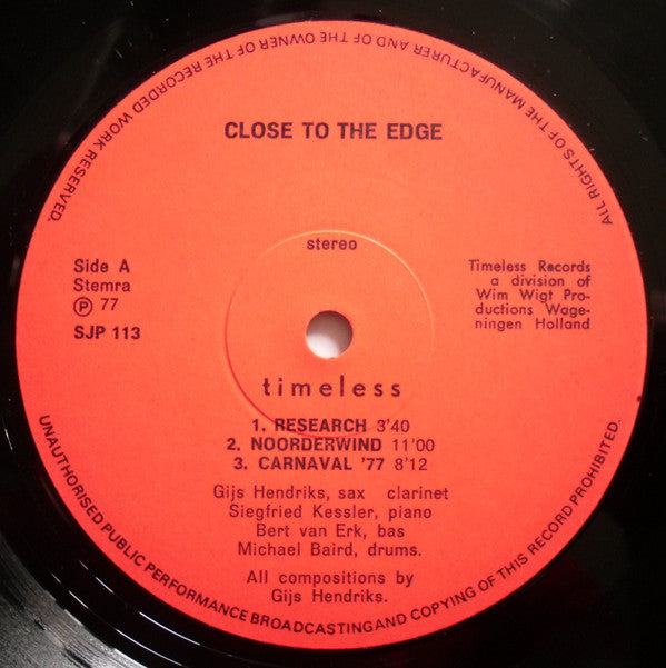 Gijs Hendriks Quartet : Close To The Edge (LP)