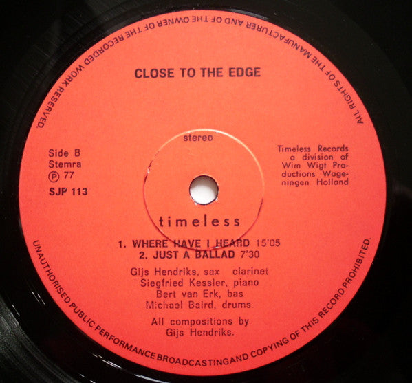 Gijs Hendriks Quartet : Close To The Edge (LP)