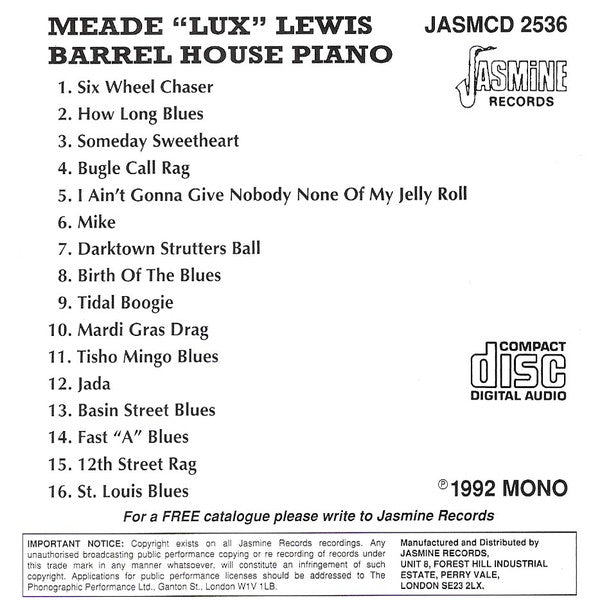 Meade "Lux" Lewis : Barrel House Piano (CD, Album, Mono, RE)