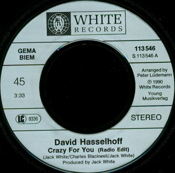 David Hasselhoff : Crazy For You (7", Single)