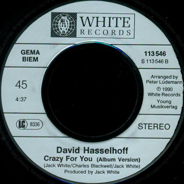David Hasselhoff : Crazy For You (7", Single)