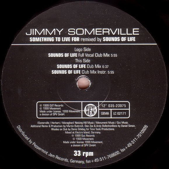 Jimmy Somerville : Something To Live For (Sounds Of Life Remixes) (12")