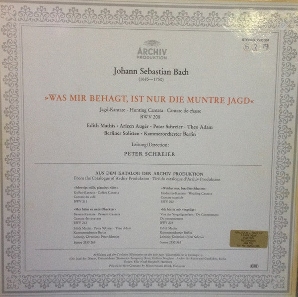 Johann Sebastian Bach : Jagd-Kantate • Hunting Cantata • Cantate De Chassee  Bwv 208 (LP)