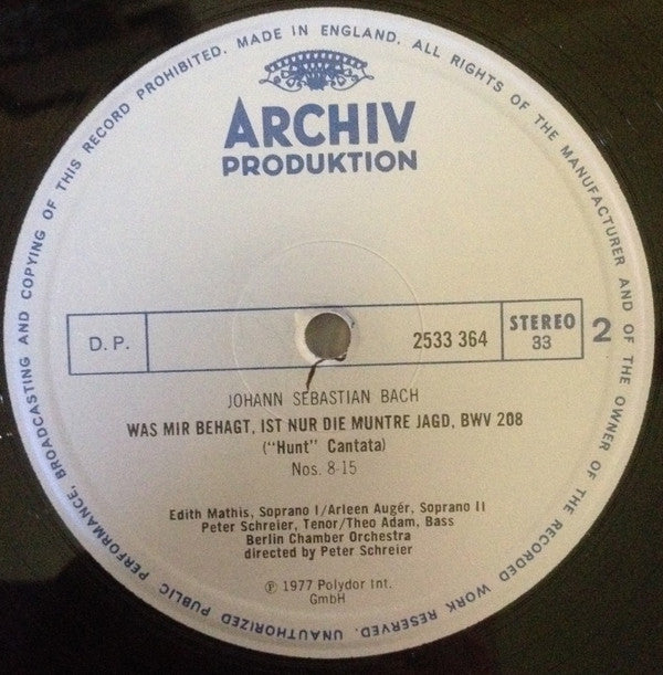 Johann Sebastian Bach : Jagd-Kantate • Hunting Cantata • Cantate De Chassee  Bwv 208 (LP)