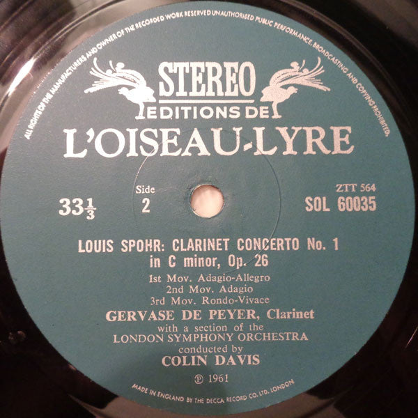 Carl Maria von Weber / Louis Spohr - Gervase de Peyer / London Symphony Orchestra / Sir Colin Davis : Clarinet And Orchestra - Two Romantic Concertos (LP, RP)