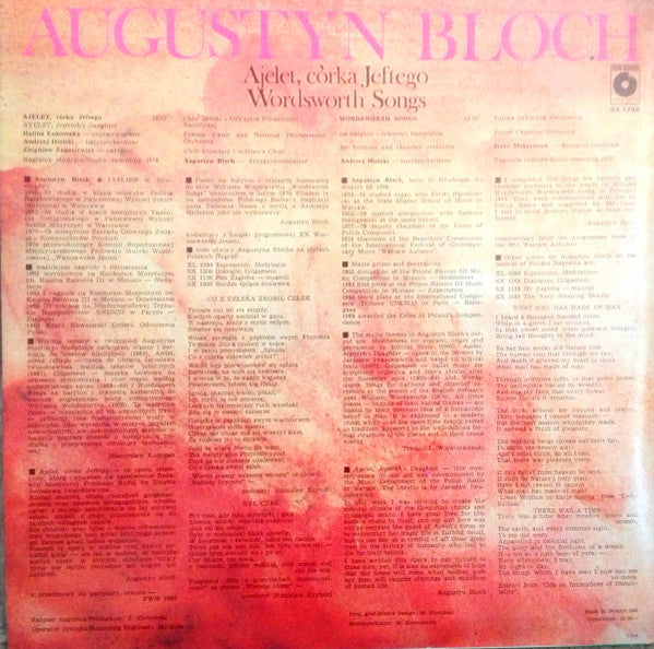 Augustyn Bloch : Ajelet, Córka Jeftego - Wordsworth Songs (LP, Album)