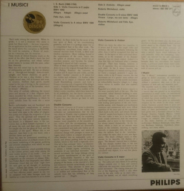 Johann Sebastian Bach – I Musici : Violinkonzert E-dur BWV 1042 · Violinkonzert A-moll BWV 1041 · Doppelkonzert D-moll BWV 1043 (LP)