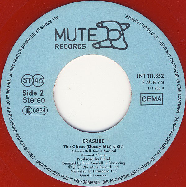 Erasure : The Circus (Remix) (7", Single, Red)