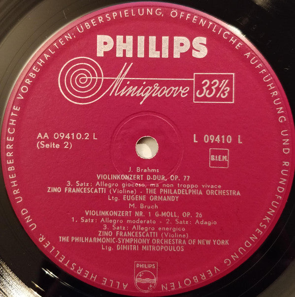 Johannes Brahms / Max Bruch, Zino Francescatti : Violin Concerto In D Major Op. 77 / Violin Concerto No. 1 In G Minor (LP, Comp, Mono)