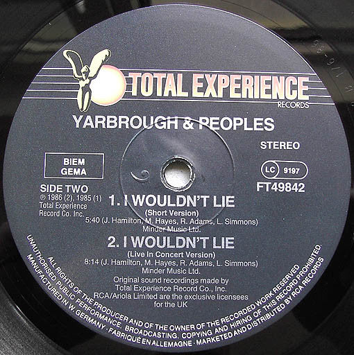 Yarbrough & Peoples : I Wouldn't Lie (12", Maxi)