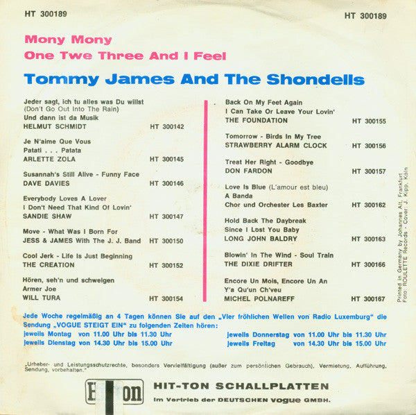 Tommy James & The Shondells : Mony Mony (7", Single)