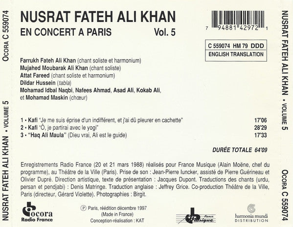 Nusrat Fateh Ali Khan : Pakistan: Nusrat Fateh Ali Khan En Concert À Paris Vol. 5 (CD)