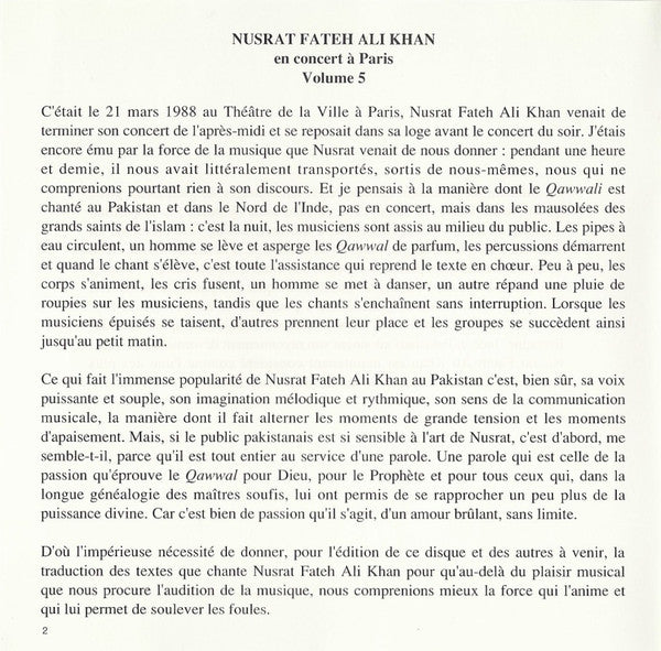 Nusrat Fateh Ali Khan : Pakistan: Nusrat Fateh Ali Khan En Concert À Paris Vol. 5 (CD)