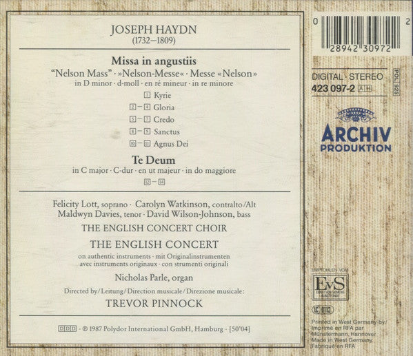 Joseph Haydn, Felicity Lott, Carolyn Watkinson, Maldwyn Davies, David Wilson-Johnson, The English Concert And Choir*, Trevor Pinnock : Missa In Angustiis "Nelson Mass" • Te Deum (CD, Album)