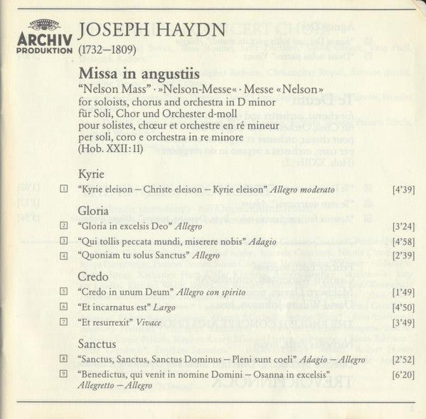 Joseph Haydn, Felicity Lott, Carolyn Watkinson, Maldwyn Davies, David Wilson-Johnson, The English Concert And Choir*, Trevor Pinnock : Missa In Angustiis "Nelson Mass" • Te Deum (CD, Album)