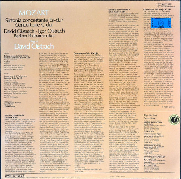Wolfgang Amadeus Mozart - David Oistrach, Igor Oistrach, Berliner Philharmoniker : Sinfonia Concertante Es-dur / Concertone C-dur (LP, Album, RE)