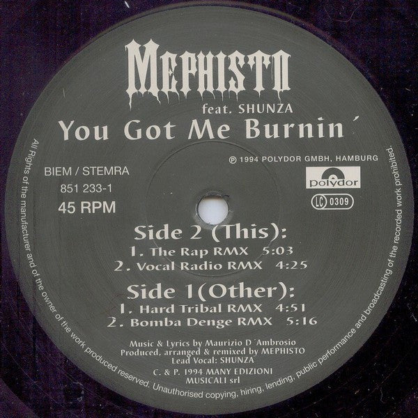 Mephisto Feat. Shunza : You Got Me Burnin' (12")
