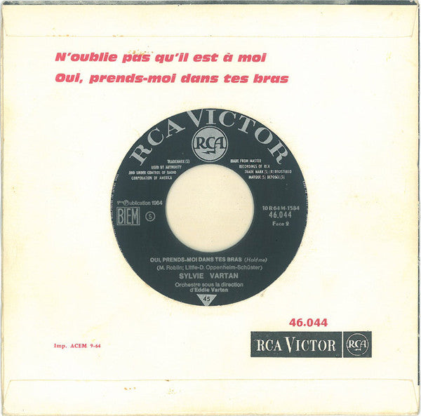 Sylvie Vartan : N'Oublie Pas Qu'Il Est À Moi / Oui, Prends-Moi Dans Tes Bras (7", Single, Mono, Jukebox, RP)