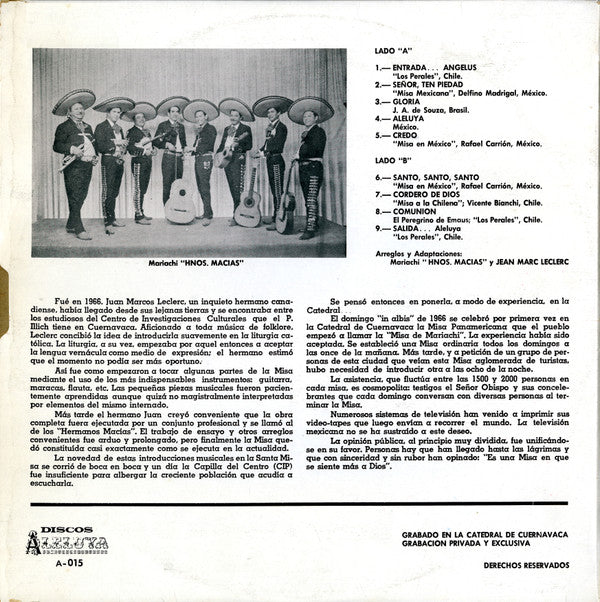 Mariachi Hermanos Macías Y Jean Marc Leclerc : Misa Panamericana (LP, Album, Mono, RE, Lig)