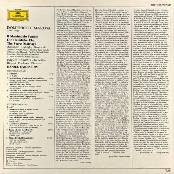 Domenico Cimarosa : Il Matrimonio Segreto (Brani Scelti) = Die Heimliche Ehe = The Secret Marriage (LP)
