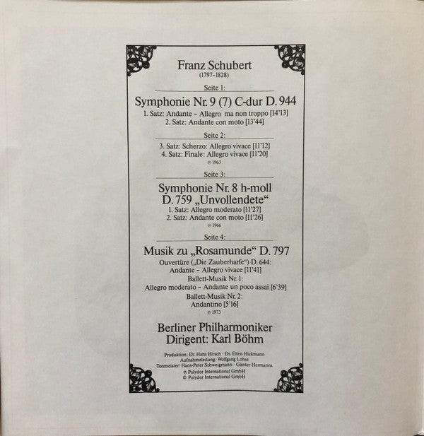 Franz Schubert, Berliner Philharmoniker, Karl Böhm : Symphonien Nr. 8 "Unvollendete" & Nr. 9 "Die Große" / Musik Zu "Rosamunde" (2xLP, Comp + Box)