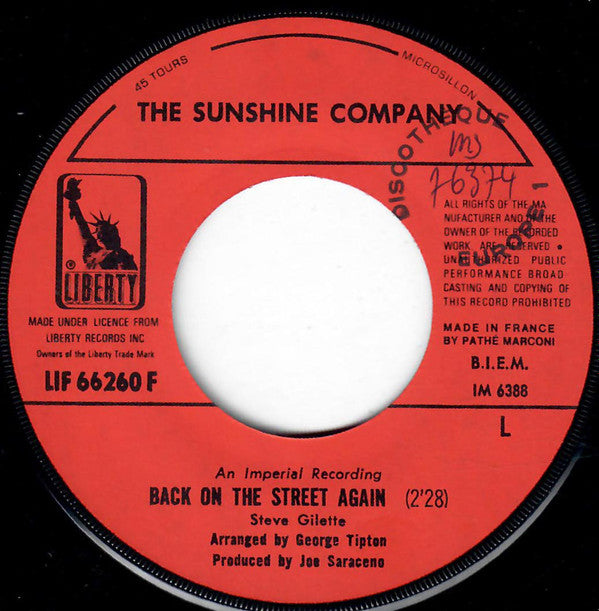 The Sunshine Company : Back On The Street Again / I Just Want To Be Your Friend (7", Single)
