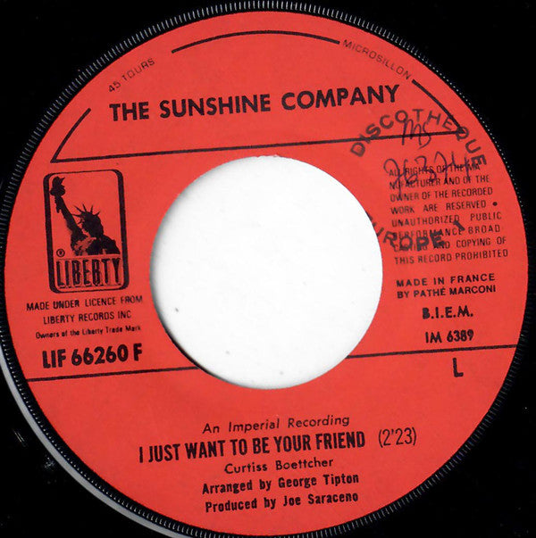 The Sunshine Company : Back On The Street Again / I Just Want To Be Your Friend (7", Single)