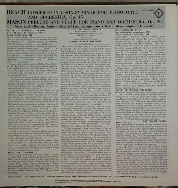 Amy Marcy Cheney Beach, Daniel Gregory Mason, Mary Louise Boehm, Siegfried Landau, Westfälisches Sinfonieorchester : Concerto For Piano And Orchestra / Prelude And Fugue For Piano And Orchestra (LP, Quad)