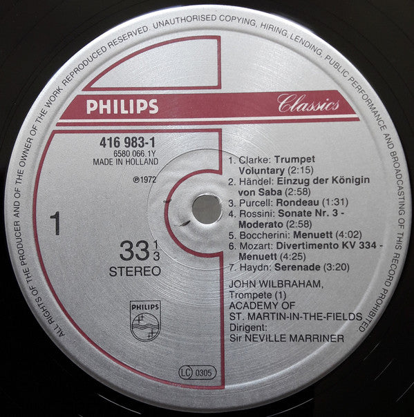 Jeremiah Clarke · Georg Friedrich Händel · Henry Purcell · Gioacchino Rossini · Wolfgang Amadeus Mozart · Joseph Haydn · Pyotr Ilyich Tchaikovsky · Franz Schubert · Felix Mendelssohn-Bartholdy, The Academy Of St. Martin-in-the-Fields, Sir Neville Marriner : "Boccherini Menuett" (LP)