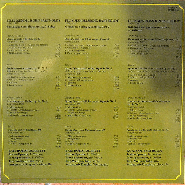 Felix Mendelssohn-Bartholdy, Bartholdy Quartett : Sämtliche Streichquartette Folge 2 (Part 2) (2xLP, Gat)
