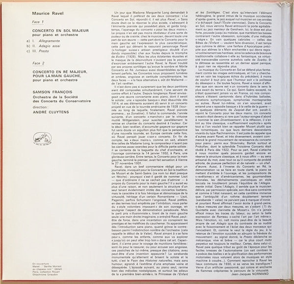 Ravel* / Samson François, Société Des Concerts Du Conservatoire*, André Cluytens : Les Deux Concertos Pour Piano (LP, RE)