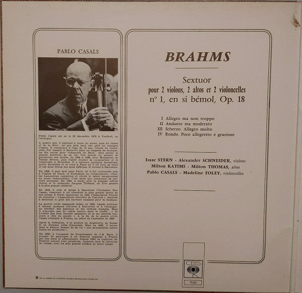 Johannes Brahms, Isaac Stern, Alexander Schneider, Milton Katims, Milton Thomas, Pablo Casals, Madeline Foley : Sextuor N° 1 (LP, Album)