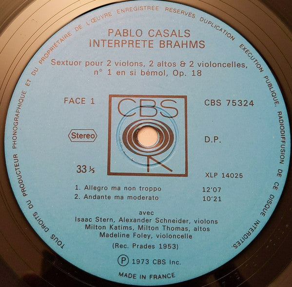 Johannes Brahms, Isaac Stern, Alexander Schneider, Milton Katims, Milton Thomas, Pablo Casals, Madeline Foley : Sextuor N° 1 (LP, Album)