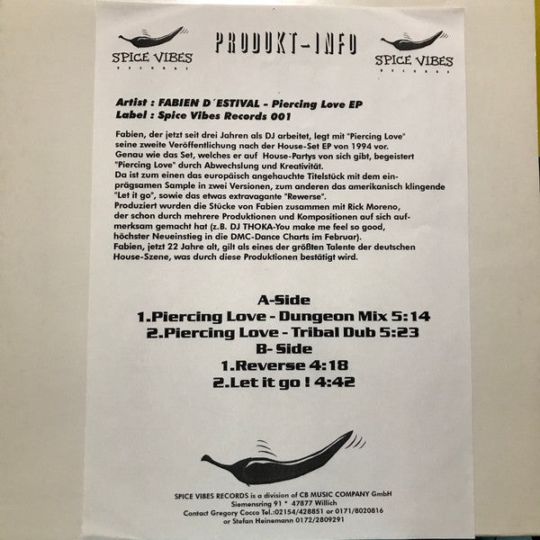 Fabien D'Estival : Piercing Love EP (12", EP, W/Lbl)