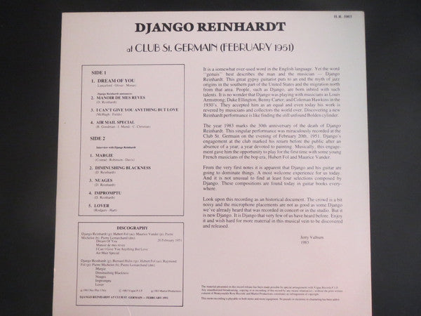 Django Reinhardt : Django Reinhardt At Club St. Germain (February 1951) (LP, Album, Mono)