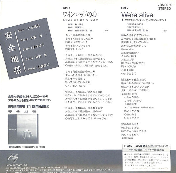 Anzen Chitai : ワインレッドの心 / We're Alive (7", Single)