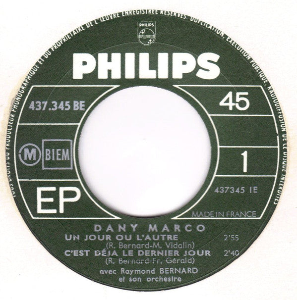 Dany Marco Avec Orchestra Raymond Bernard : Un Jour Ou L'autre (7", EP)