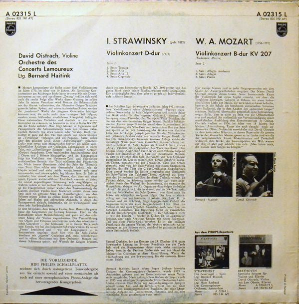 Igor Stravinsky / Wolfgang Amadeus Mozart — David Oistrach - Bernard Haitink, Orchestre Des Concerts Lamoureux : Violinkonzerte — Konzert D-dur / Konzert B-dur KV 207 (LP, Mono)