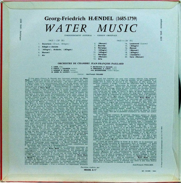 Georg Friedrich Händel / Orchestre De Chambre Jean-François Paillard : Water Music (LP, Mono)