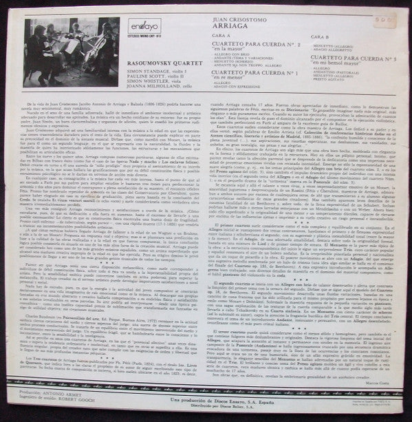 Juan Crisóstomo de Arriaga / Rasoumovsky Quartet : Sus Tres Cuartetos (LP, Album)
