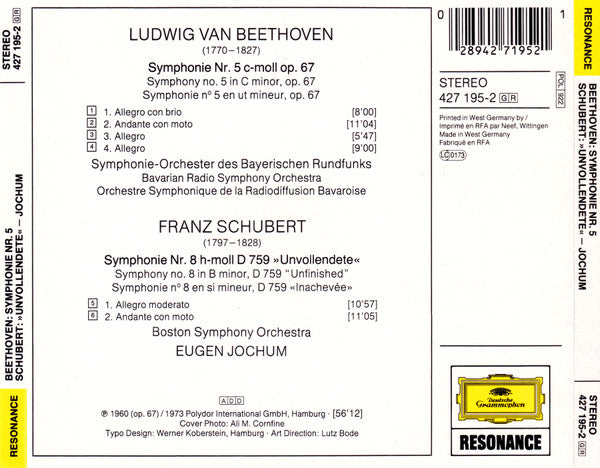 Ludwig van Beethoven / Franz Schubert / Eugen Jochum : Symphonie Nr. 5 /  Symphonie Nr. 8 "Unvollendete" (CD, Comp, RE)